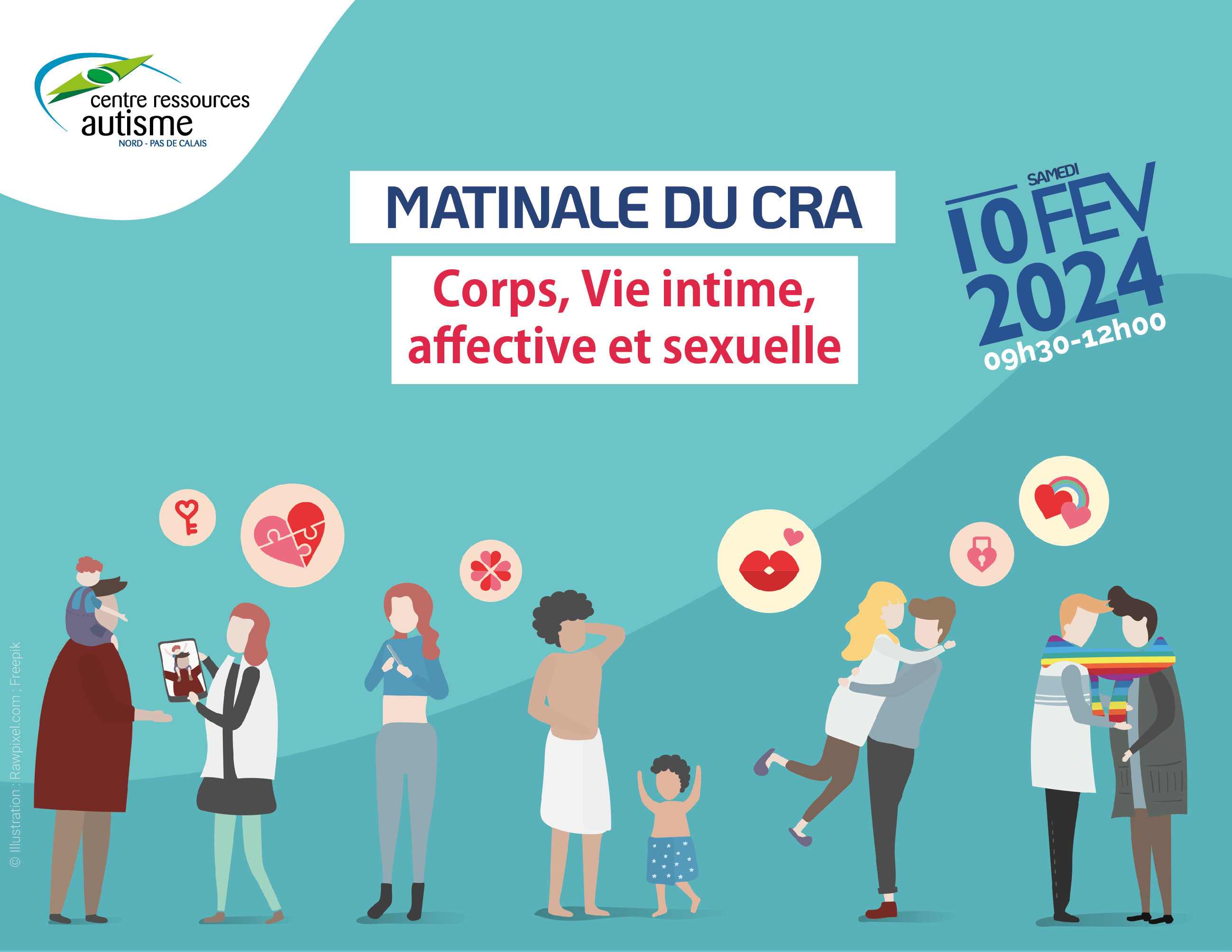 Affiche de la Matinale du CRA du 10 février 2024 sur le thème corps, vie intime, affective et sexuelle des personnes avec autisme.