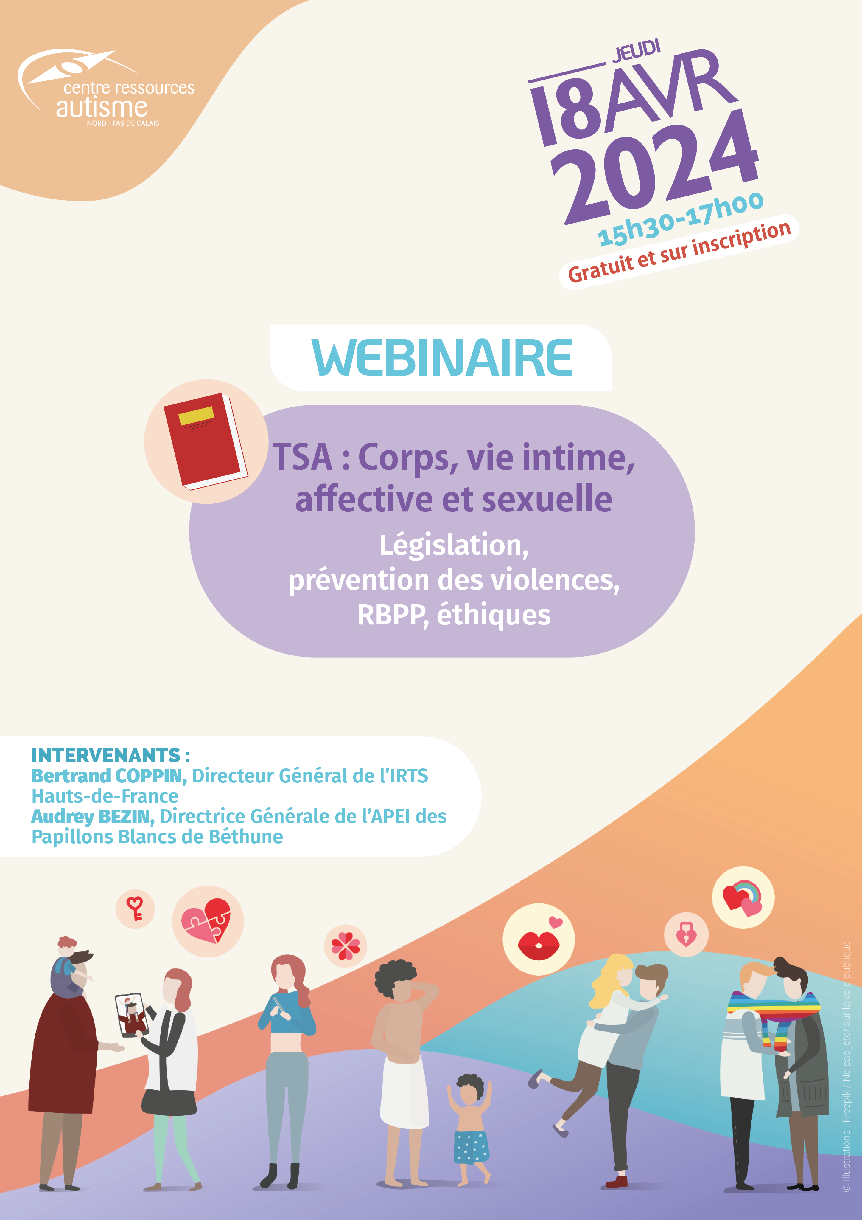 Affiche du webinaire 'TSA : Corps, vie intime, affective et sexuelle' organisé le 18 avril 2024 par le CRA Nord–Pas de Calais, portant sur la législation, la prévention des violences et les bonnes pratiques professionnelles.