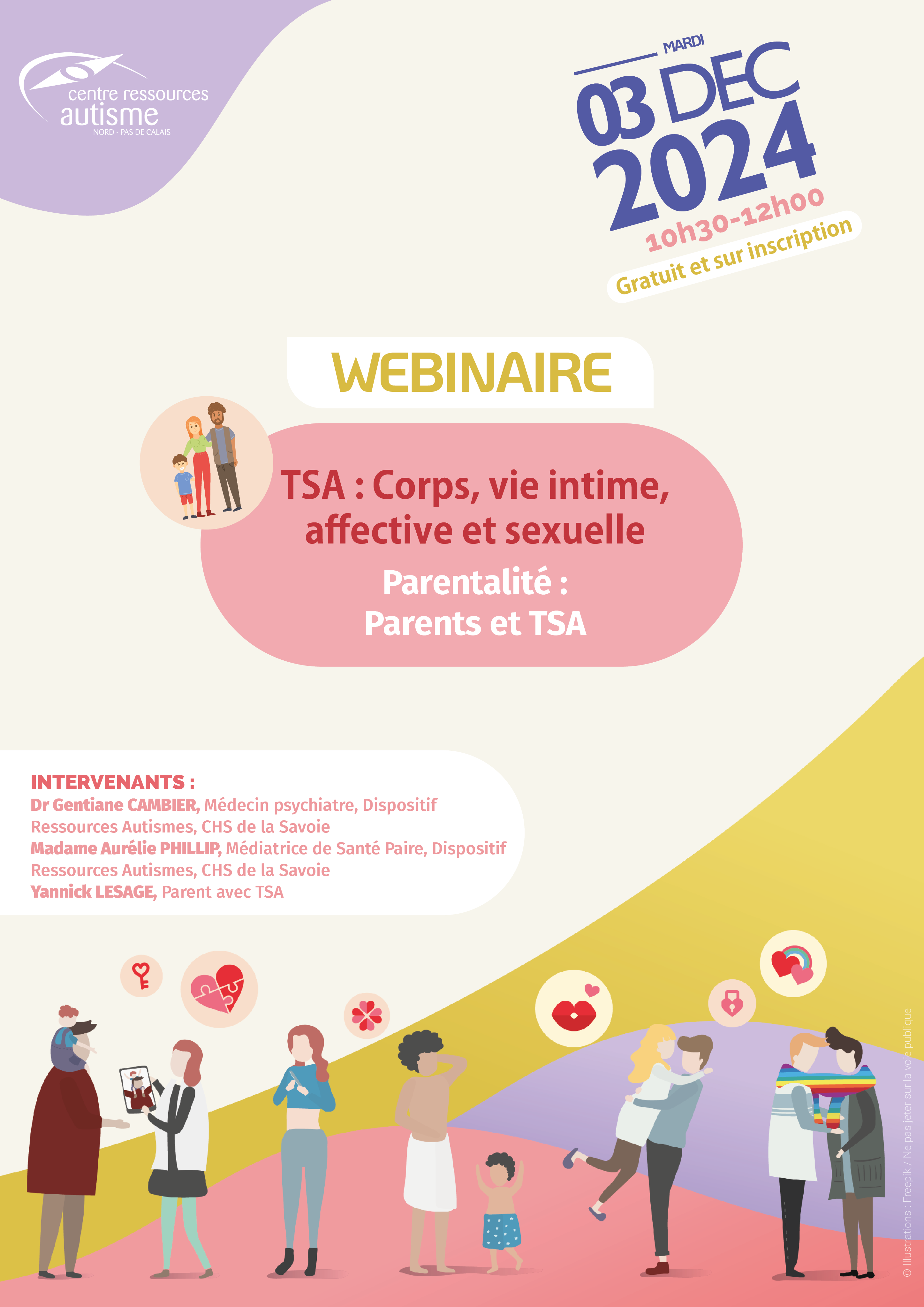Affiche du webinaire gratuit du CRA Nord–Pas de Calais sur le thème 'TSA : Corps, vie intime, affective et sexuelle', organisé le 3 décembre 2024 et axé sur la parentalité et l’autisme.