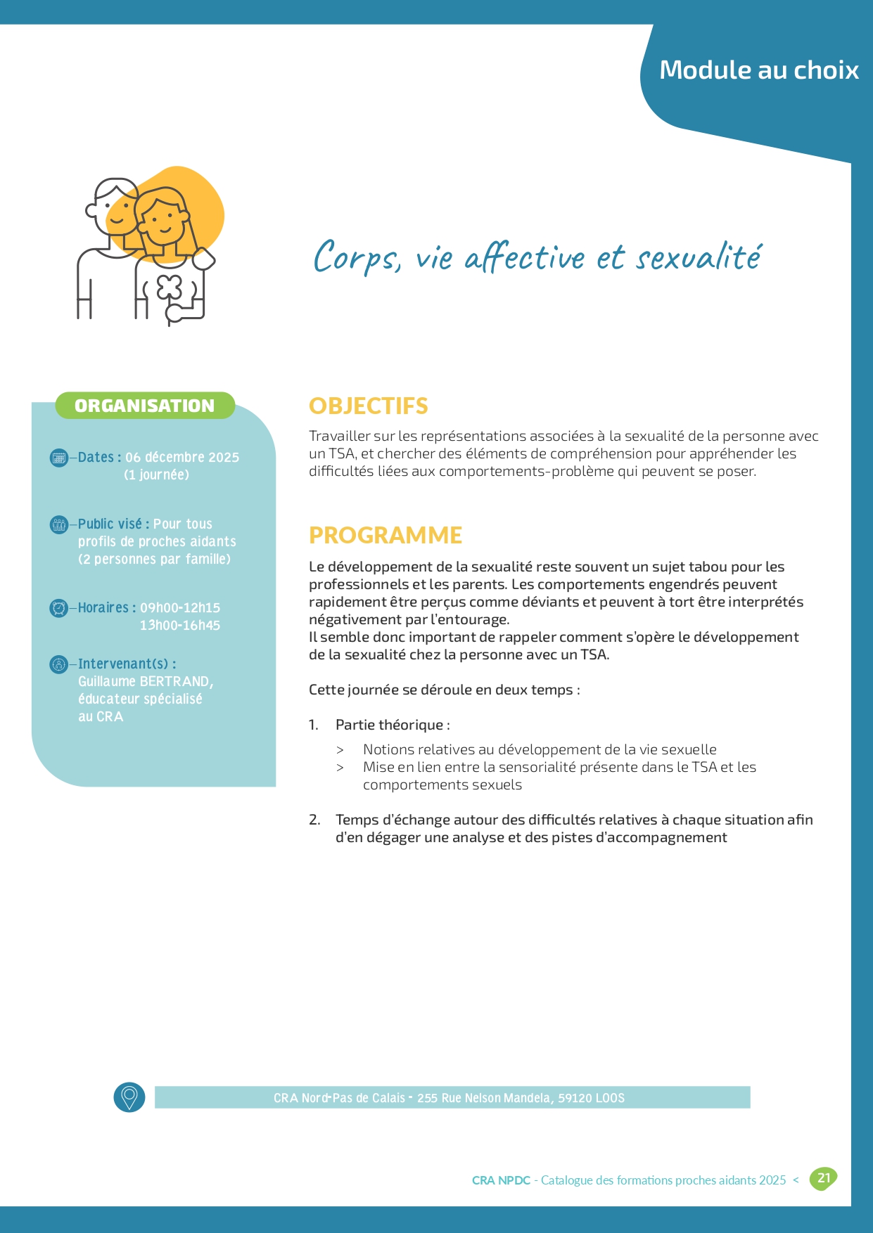 Affiche de la formation 'Corps, vie affective et sexualité' du CRA Nord–Pas de Calais, prévue le 6 décembre 2025, pour aider les proches aidants à comprendre la sexualité chez les personnes avec TSA et à mieux accompagner les comportements associés.