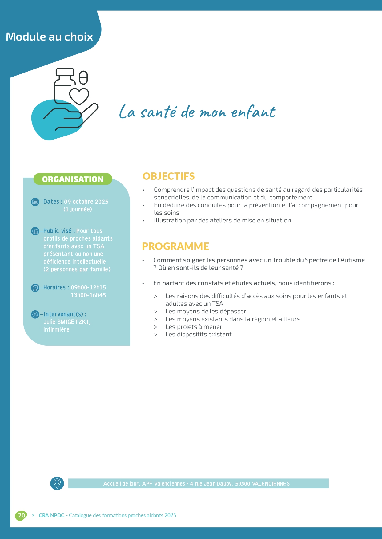 Affiche de la formation 'La santé de mon enfant', organisée par le CRA Nord–Pas de Calais le 9 octobre 2025, pour aider les proches aidants à comprendre les enjeux de santé des enfants avec TSA et améliorer l’accès aux soins.