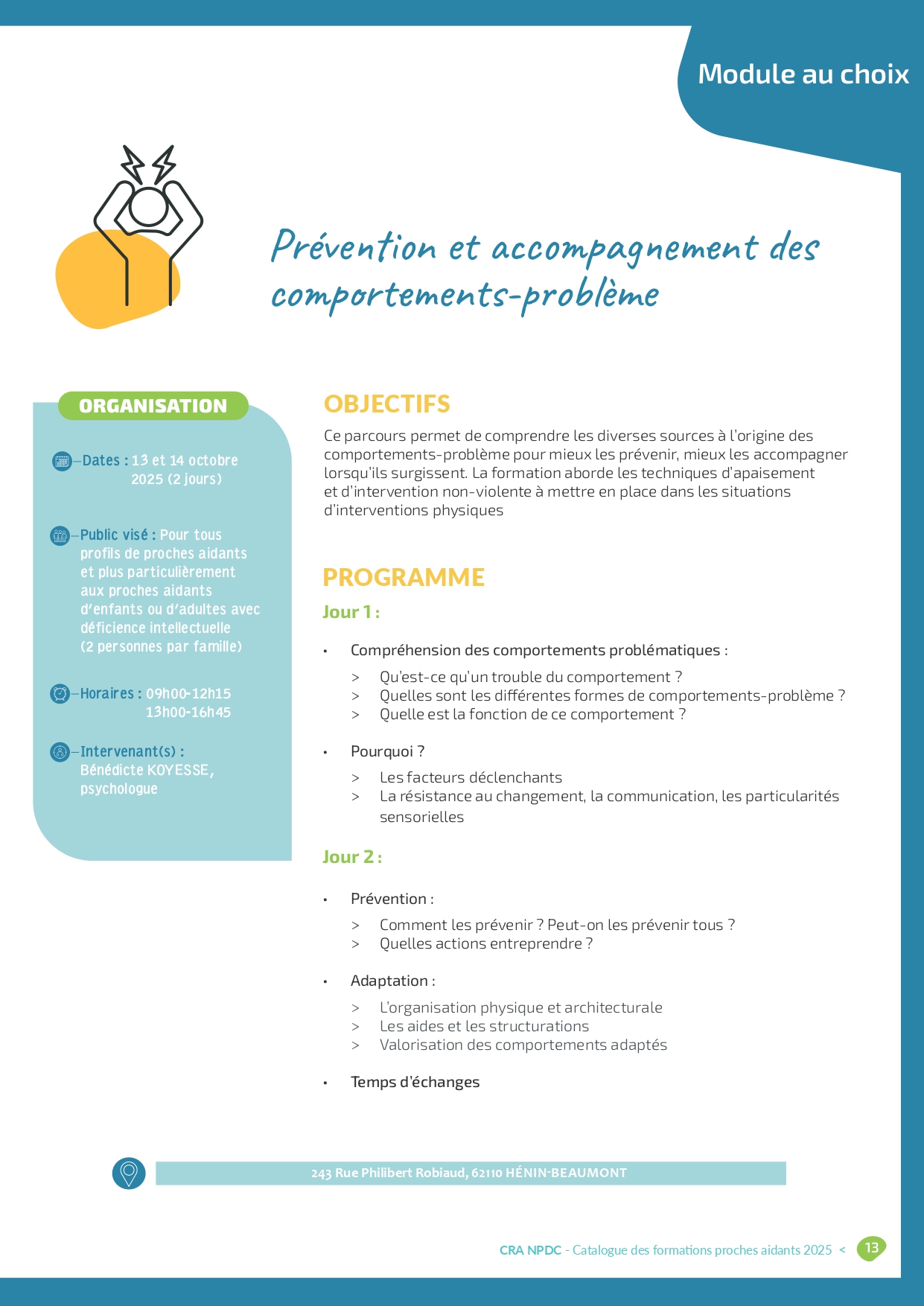 Affiche de la formation 'Prévention et accompagnement des comportements-problème' proposée par le CRA Nord–Pas de Calais les 13 et 14 octobre 2025, pour aider les proches aidants à comprendre, prévenir et gérer les comportements problématiques.
