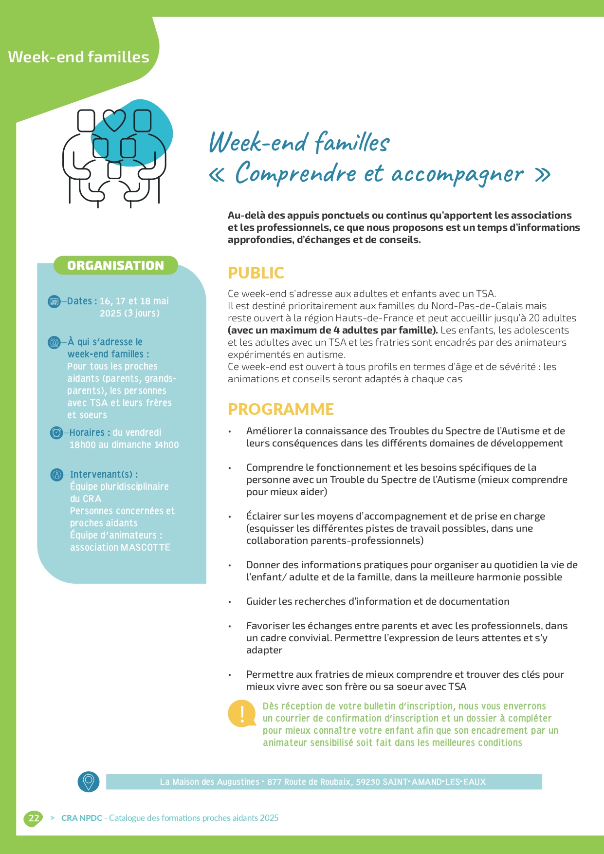 Affiche du week-end familles 'Comprendre et accompagner' organisé par le CRA Nord–Pas de Calais du 16 au 18 mai 2025, destiné aux proches aidants et familles de personnes avec TSA pour échanger, s'informer et mieux accompagner au quotidien.