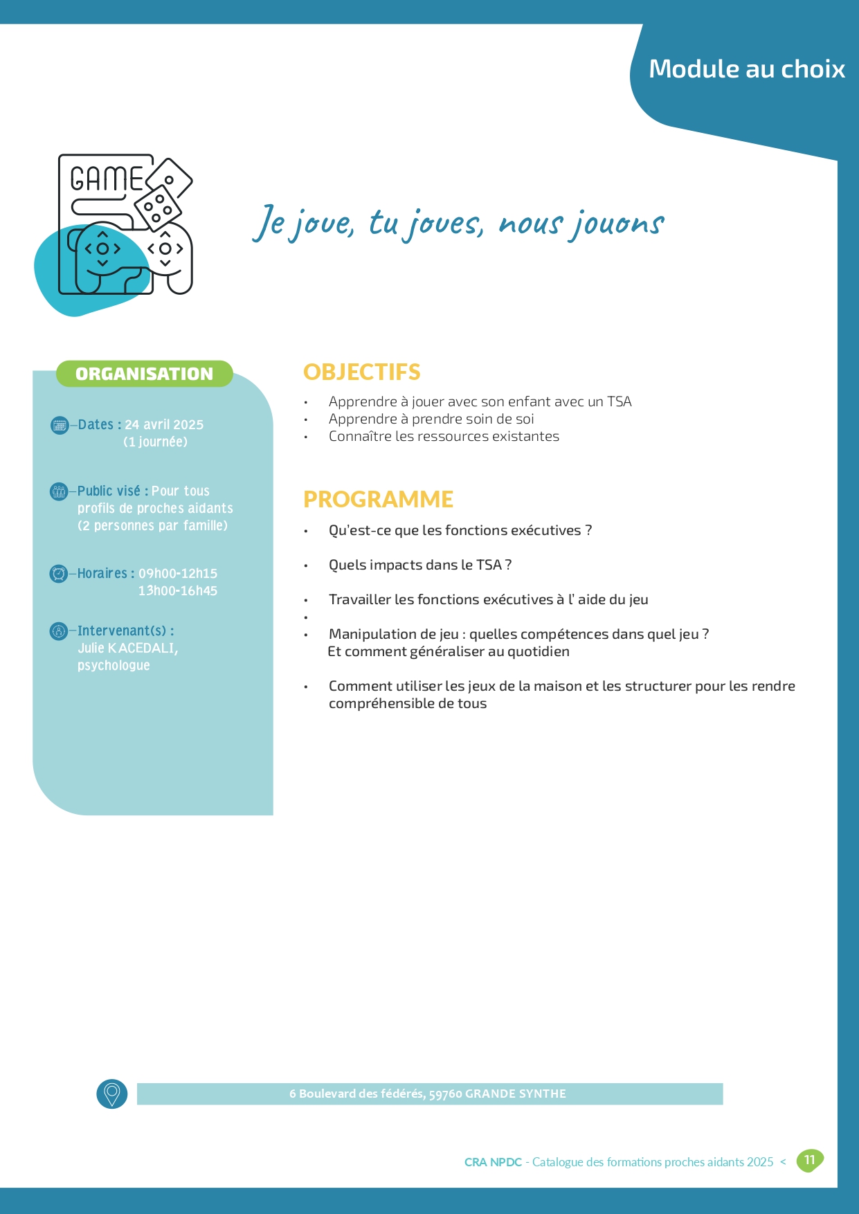 Affiche de la formation 'Je joue, tu joues, nous jouons', organisée le 24 avril 2025 par le CRA Nord–Pas de Calais, pour aider les proches aidants à utiliser le jeu comme outil de développement avec un enfant ayant un TSA.